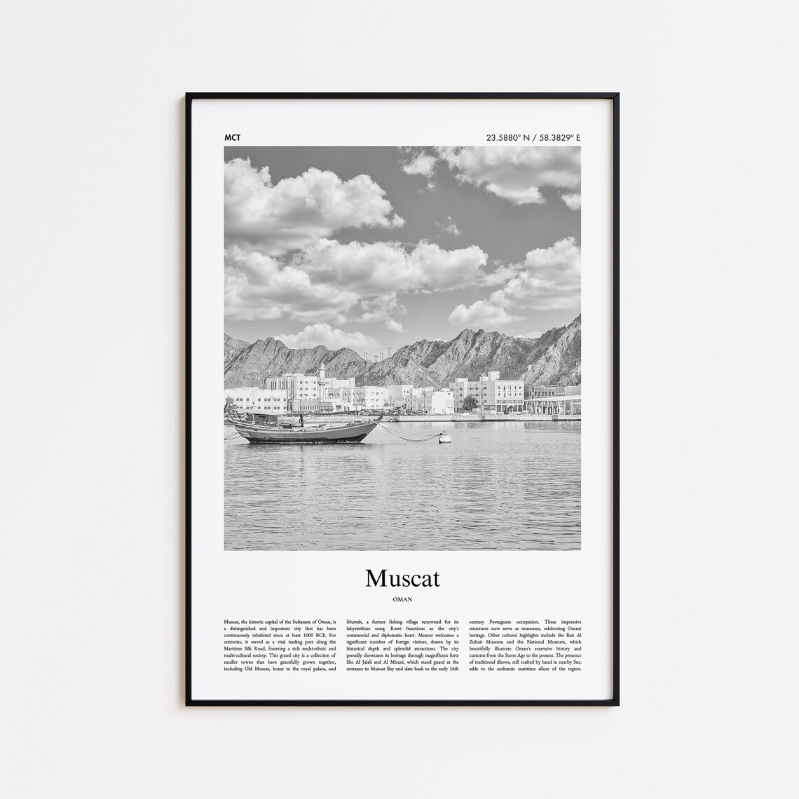 Muscat Oman Black and White Dhow Harbor Coast Photo Travel Poster