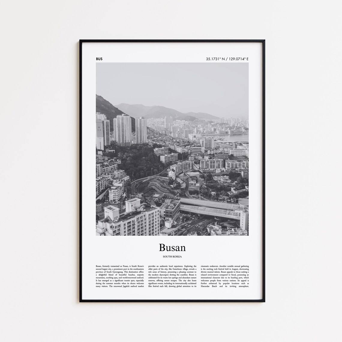 Busan South Korea Black and White City Skyline Photography Poster