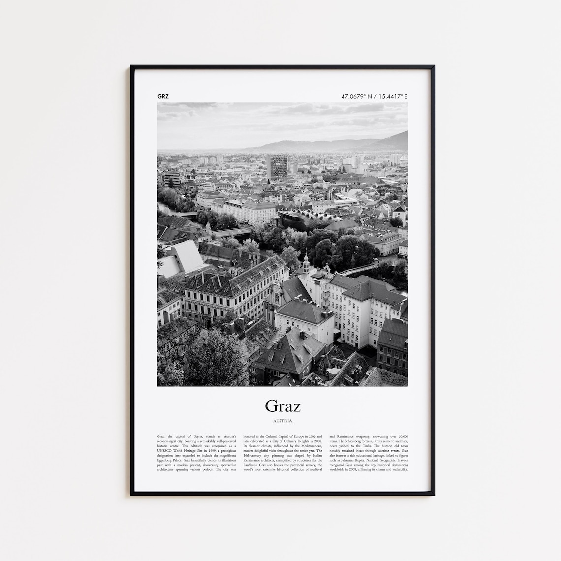Graz Austria Black and White Old Town Aerial View Photo Travel Poster