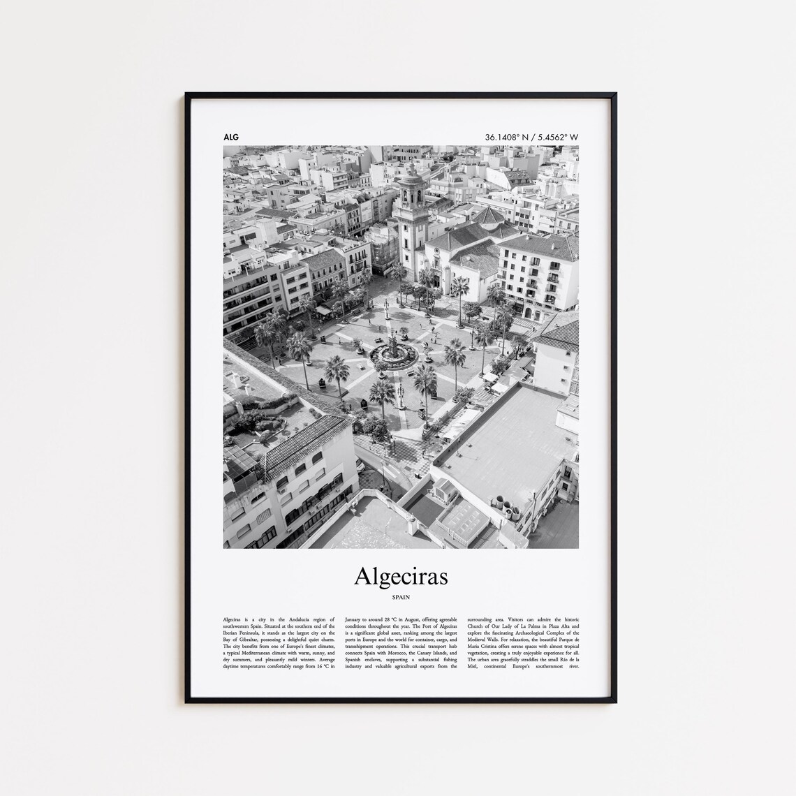 Algeciras Spain Black and White Aerial City Photography Travel Poster