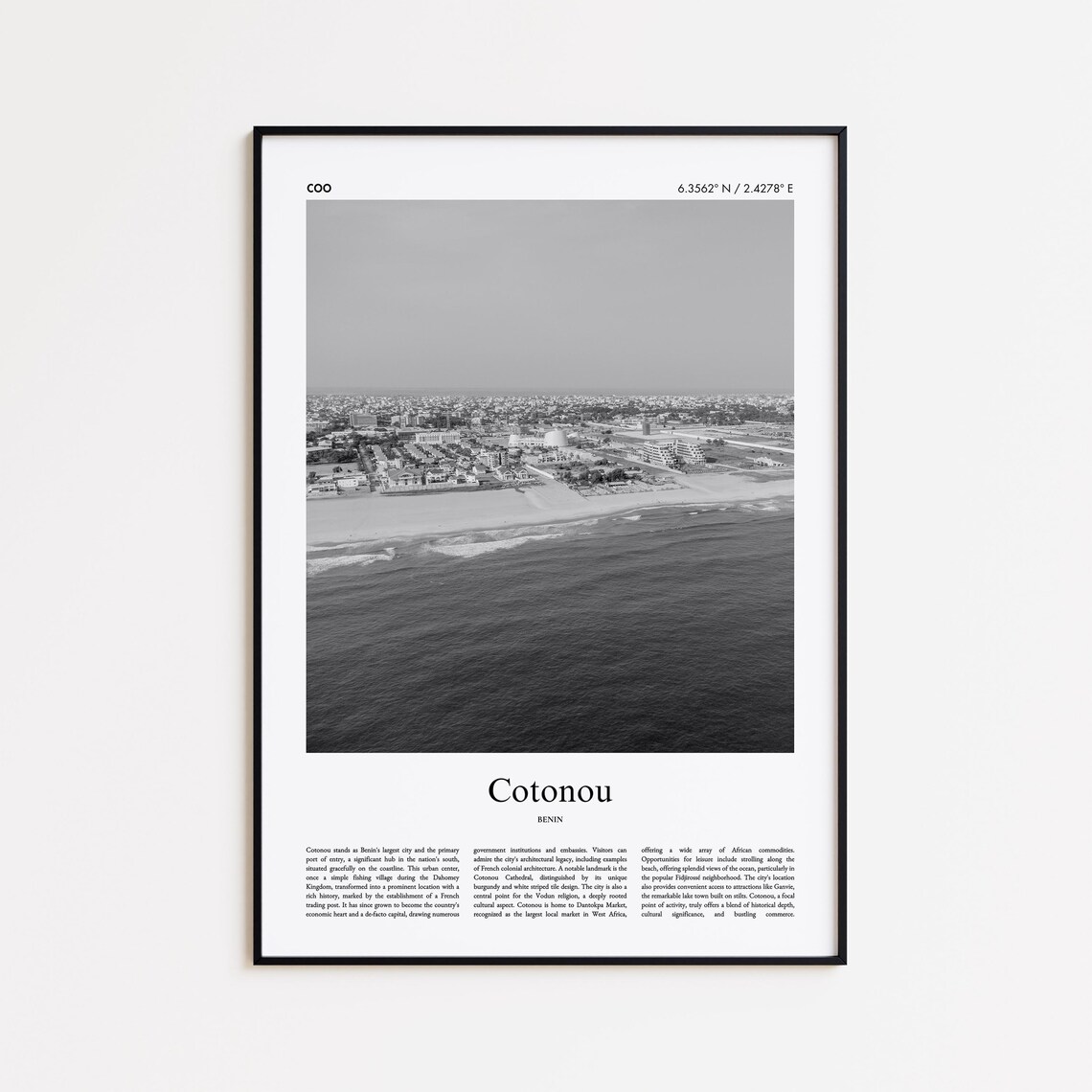 Cotonou Benin Black and White Coastal Aerial Cityscape Travel Poster