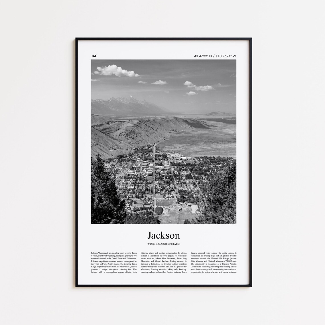 Jackson Wyoming Black and White Photo Travel Poster Mountain Art