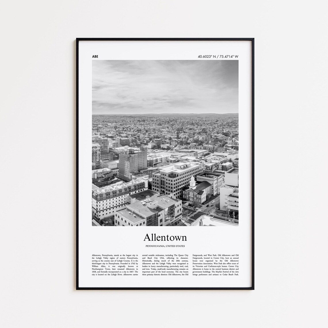 Allentown Pennsylvania Black And White Aerial City Photo Print