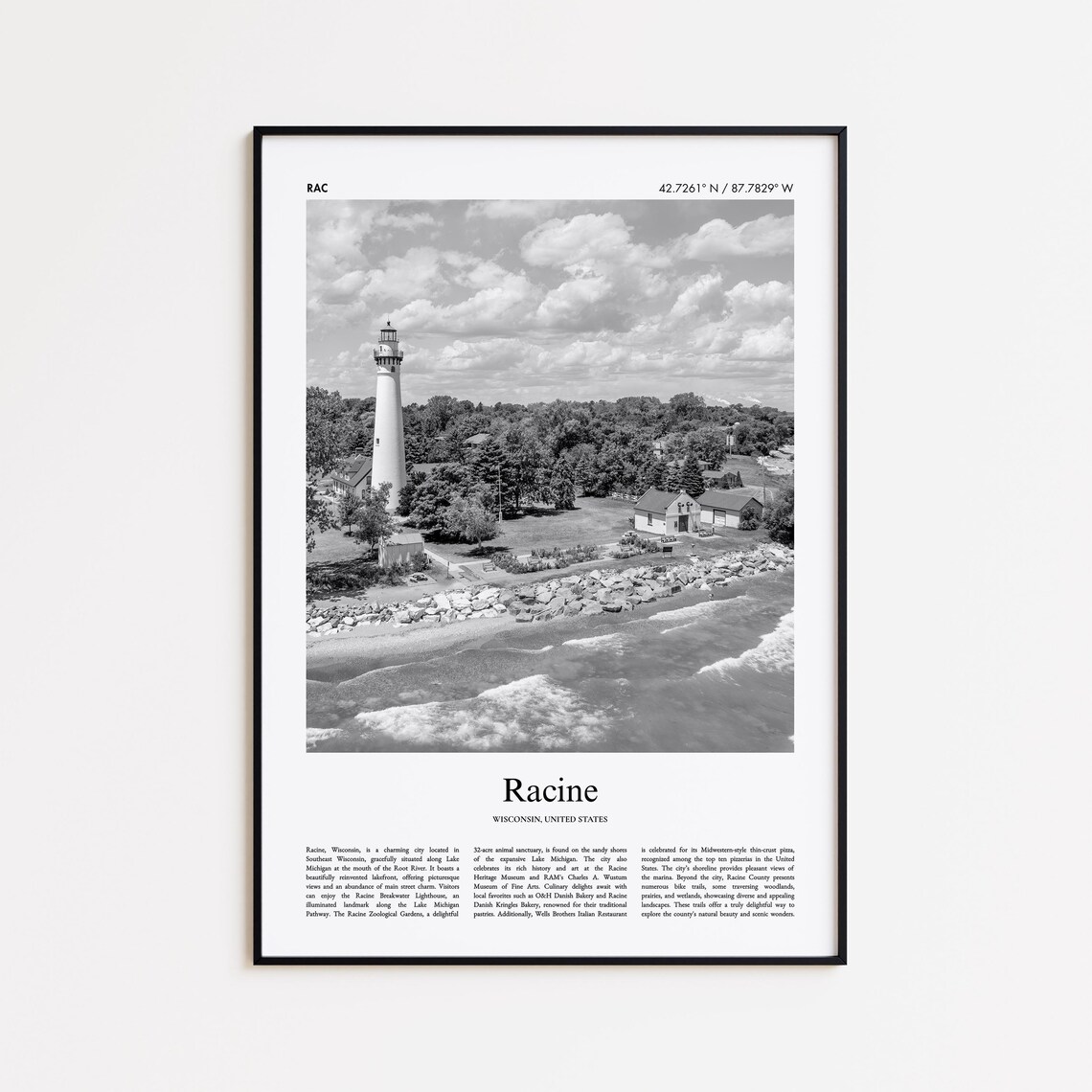 Racine Wisconsin Lighthouse Black And White Photography Poster