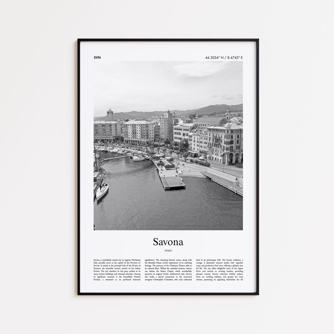 Savona Harbor Waterfront Black and White Italy Travel Poster