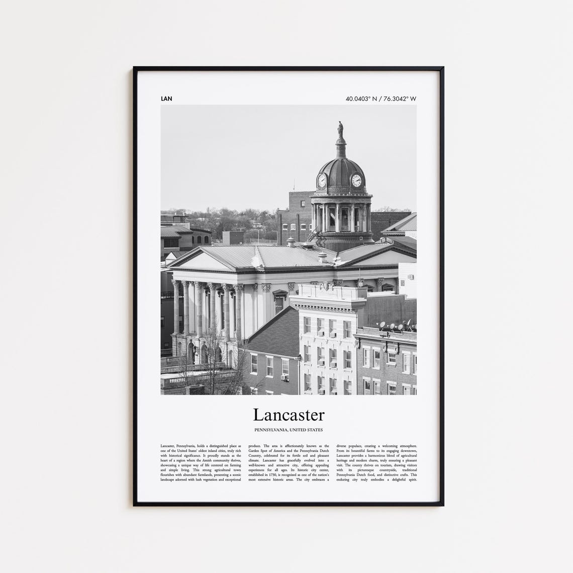 Lancaster Pennsylvania Black And White Historic Photo Art Print