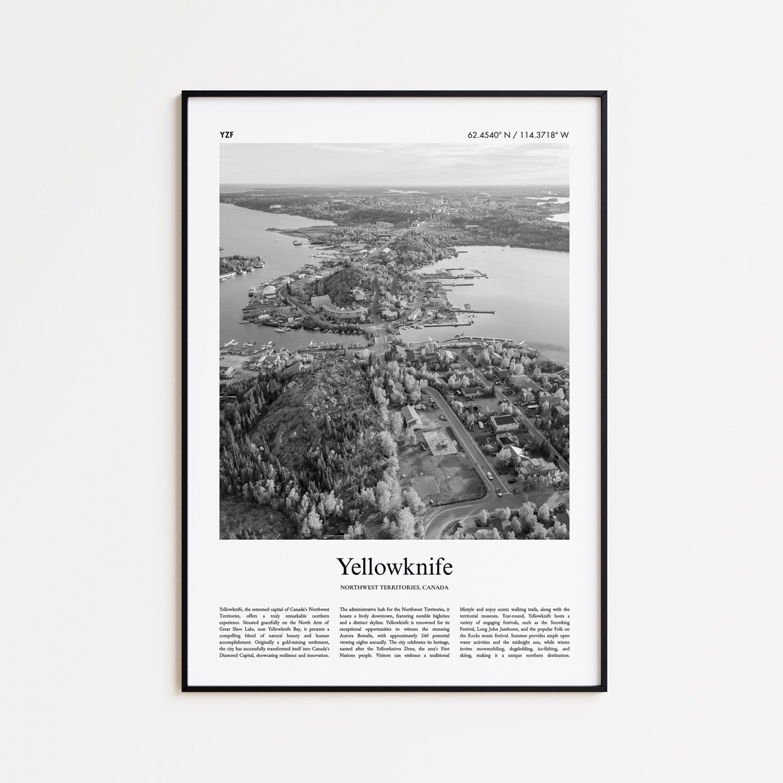 Yellowknife Aerial Black and White Cityscape Travel Photo Poster