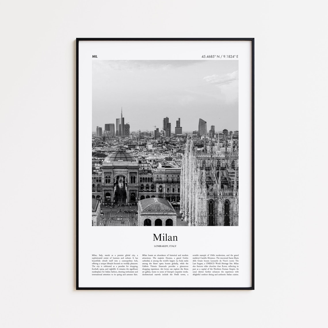 Milan Italy Black and White Duomo Skyline Photography Poster