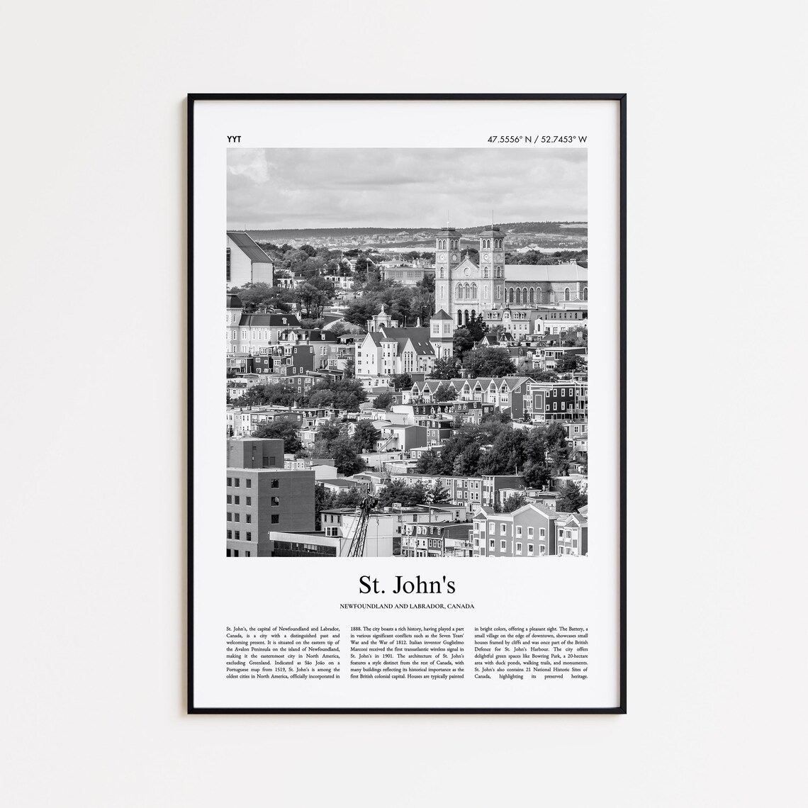 St. John's Black and White Photo Poster with Cathedral View of Canada