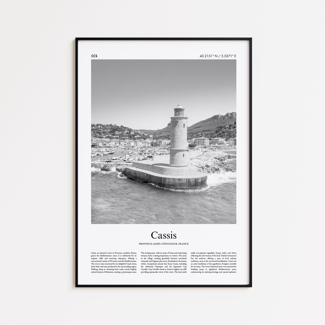 Cassis Lighthouse Harbor Black And White France Travel Poster