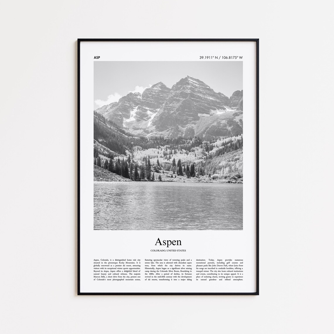 Aspen Colorado Black And White Mountain Lake Photo Travel Poster