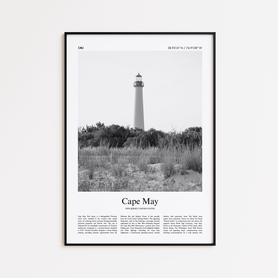 Cape May Lighthouse Black And White Photography Travel Poster NJ