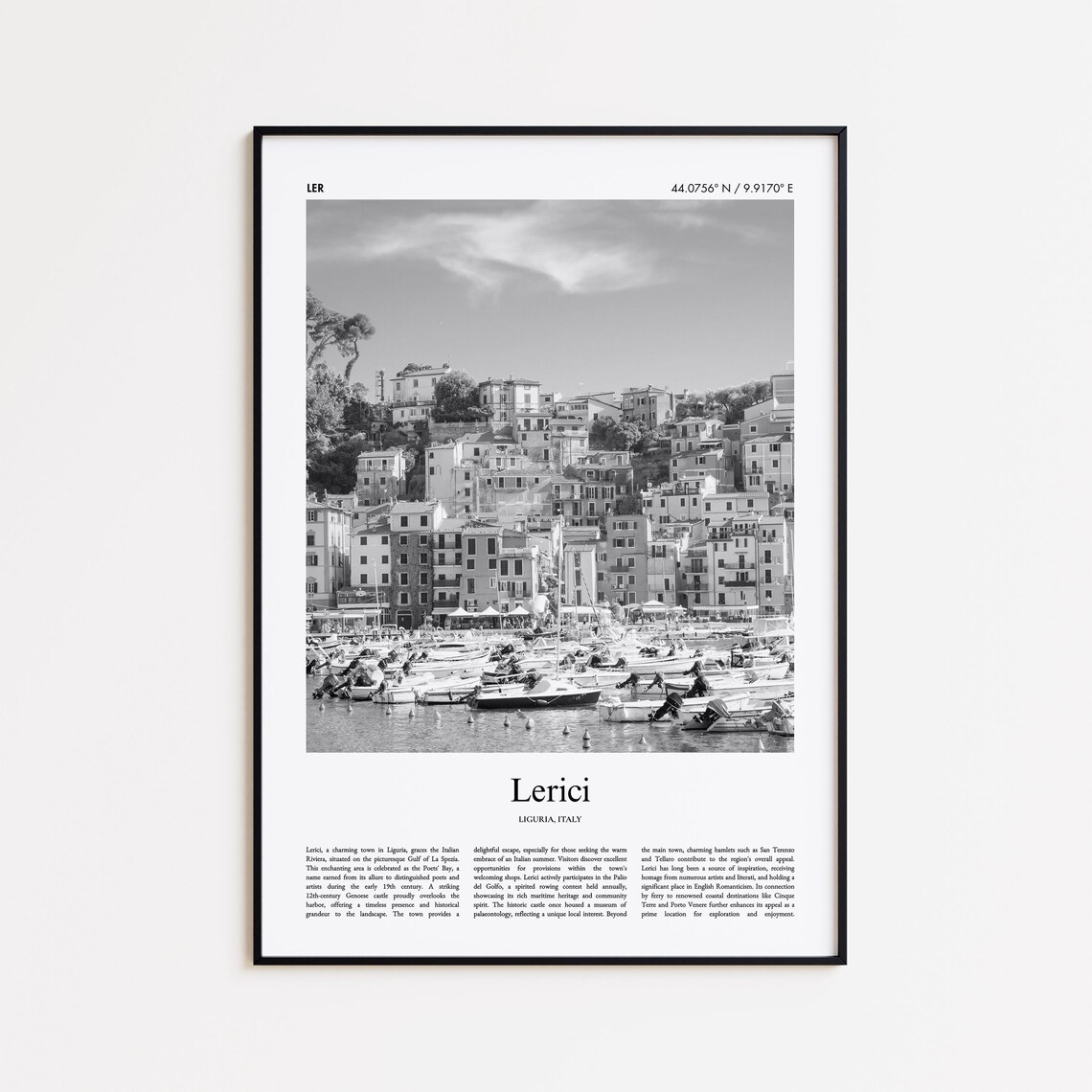 Lerici Italy Black and White Harbor Town Photo Travel Poster