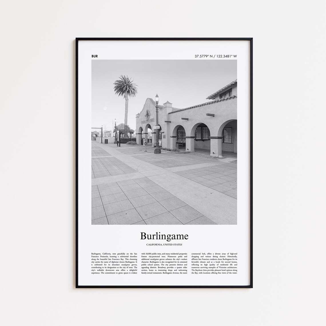 Burlingame Black and White Historic Station Photo Travel Poster