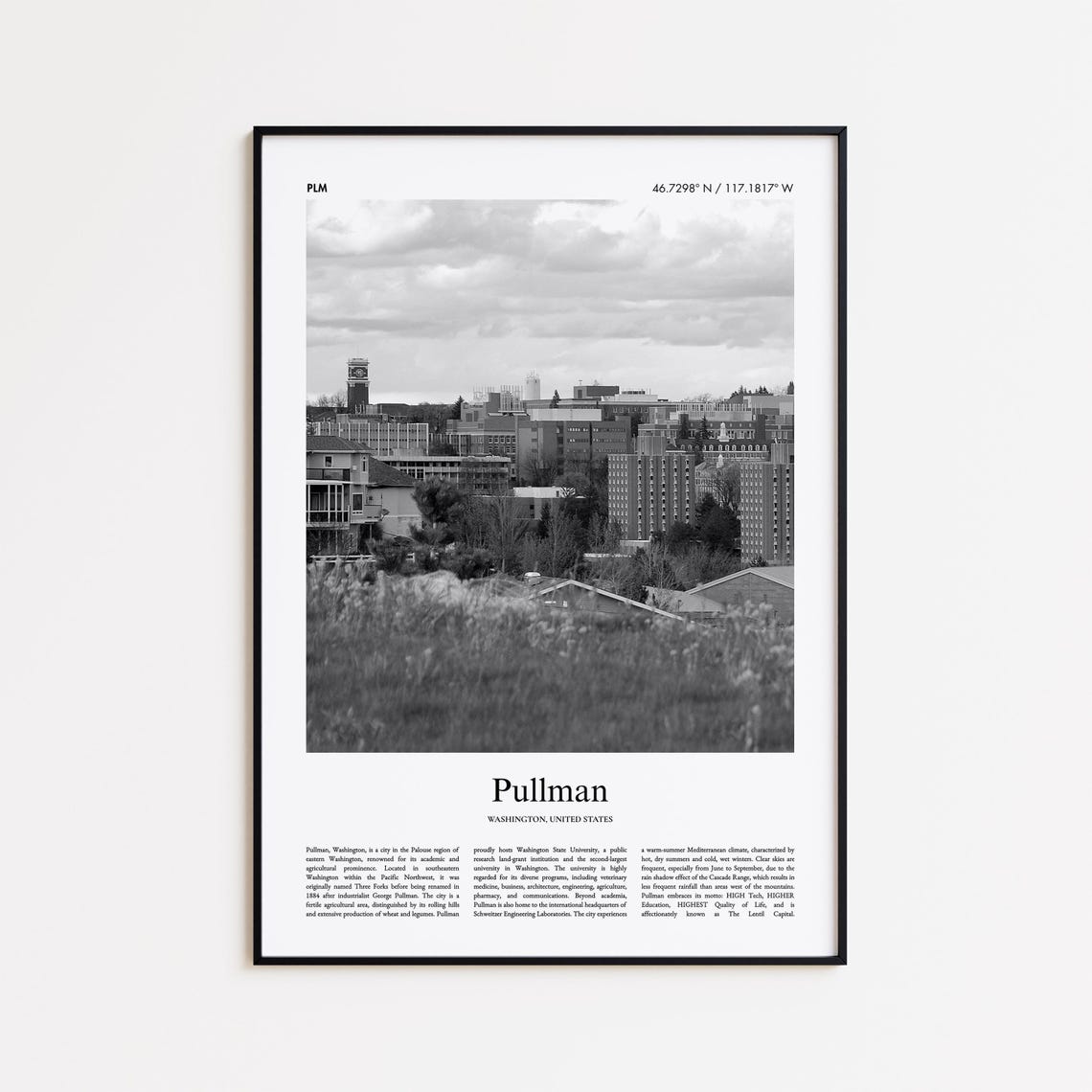 Pullman Washington Black And White City Skyline Photo Poster