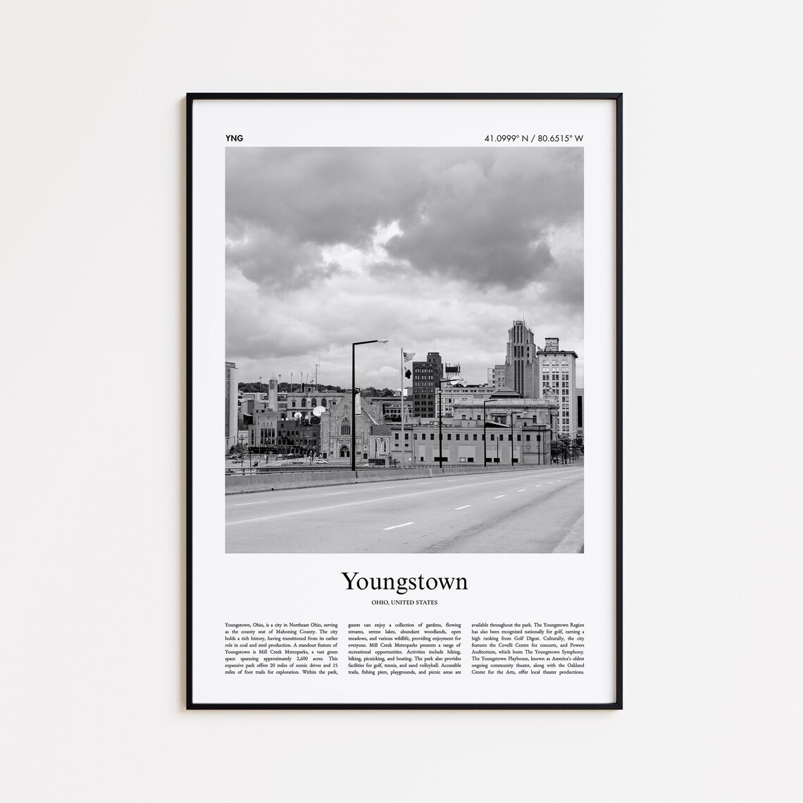 Youngstown Ohio Downtown Skyline Black And White Photo Poster