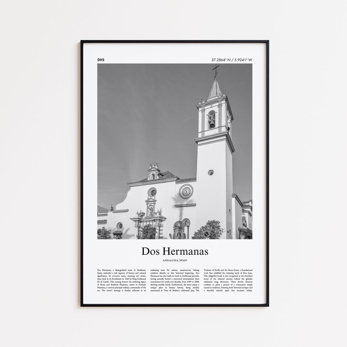 Dos Hermanas Spain Black and White Church Tower Photography Poster