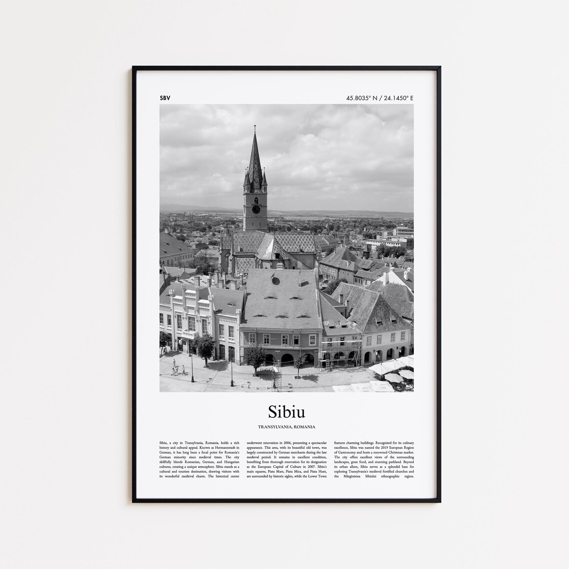 Sibiu Transylvania Romania Black White Old Town Photo Poster