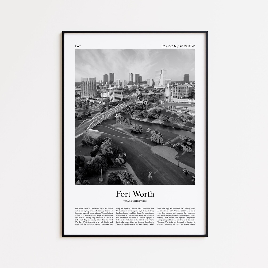 Fort Worth Texas Black And White Skyline Photo Travel Poster