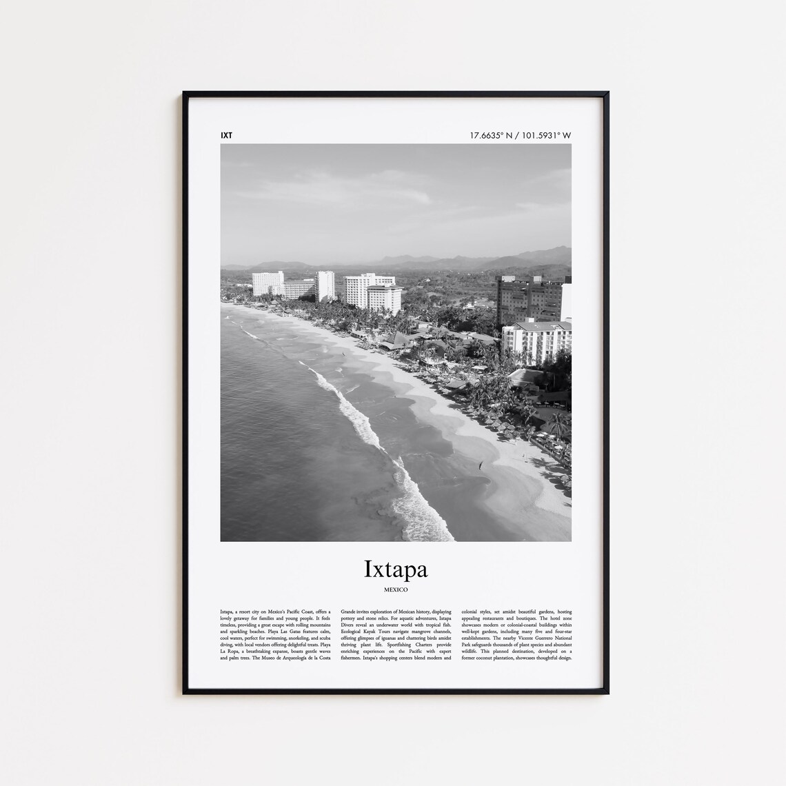 Ixtapa Black White Photo Travel Beach Resort Poster Mexico Decor