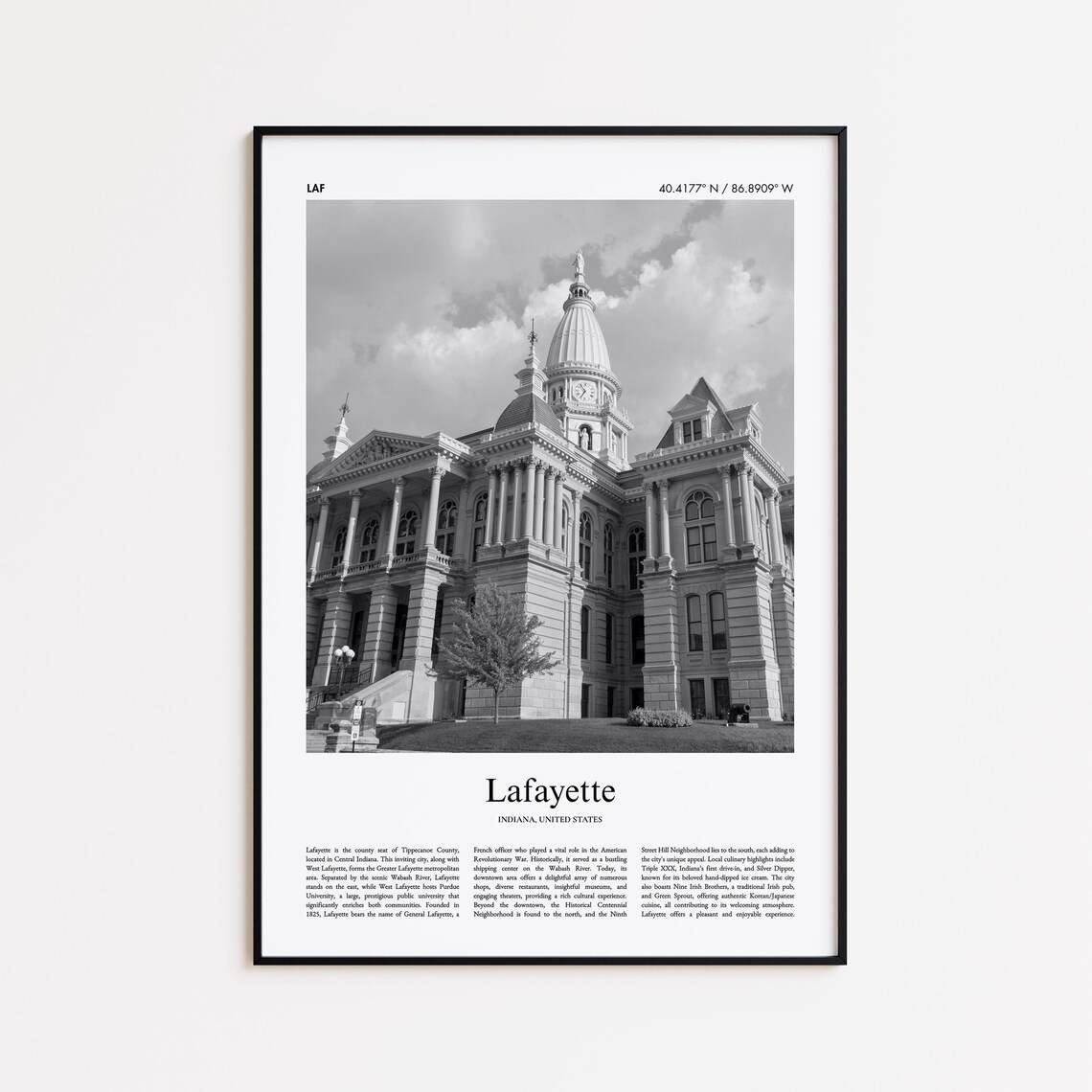 Lafayette Indiana Black and White Historic Courthouse Photo Poster