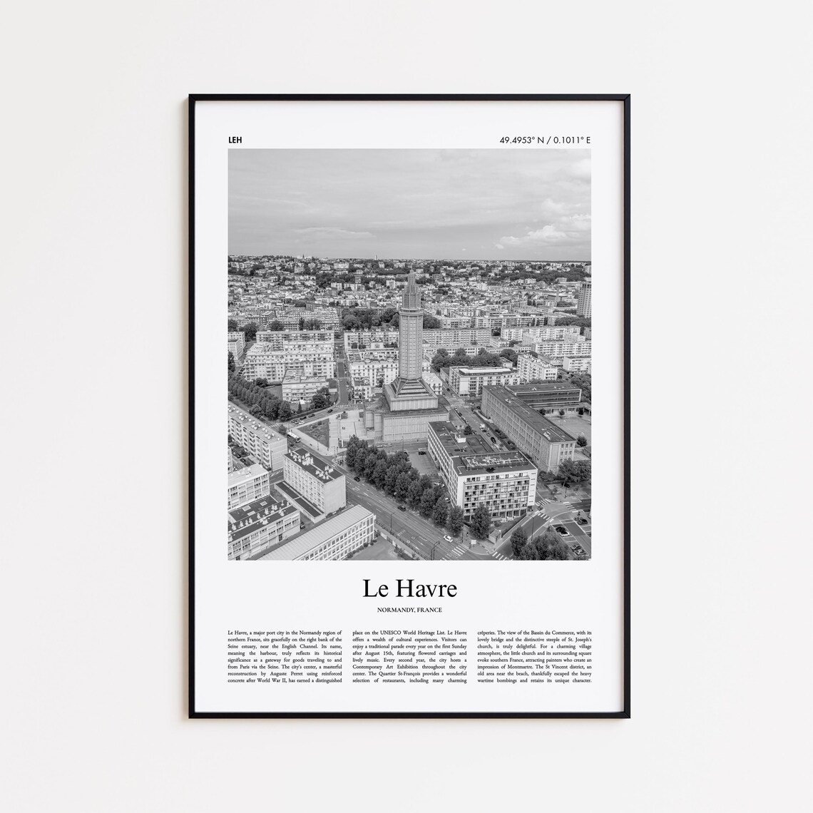 Le Havre Normandy France Aerial Black and White Travel Poster