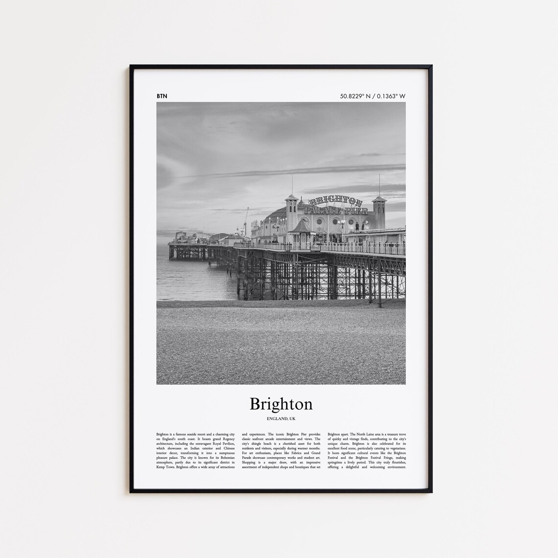 Brighton England Palace Pier Black And White Coastal Photo Poster
