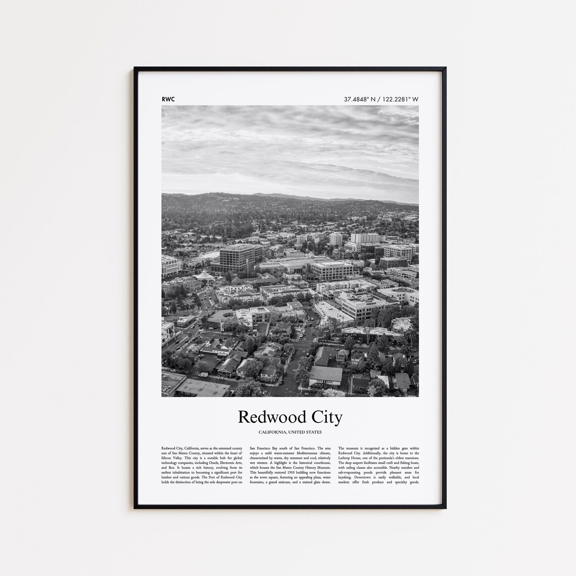 Redwood City California Downtown Aerial Black And White Travel Poster