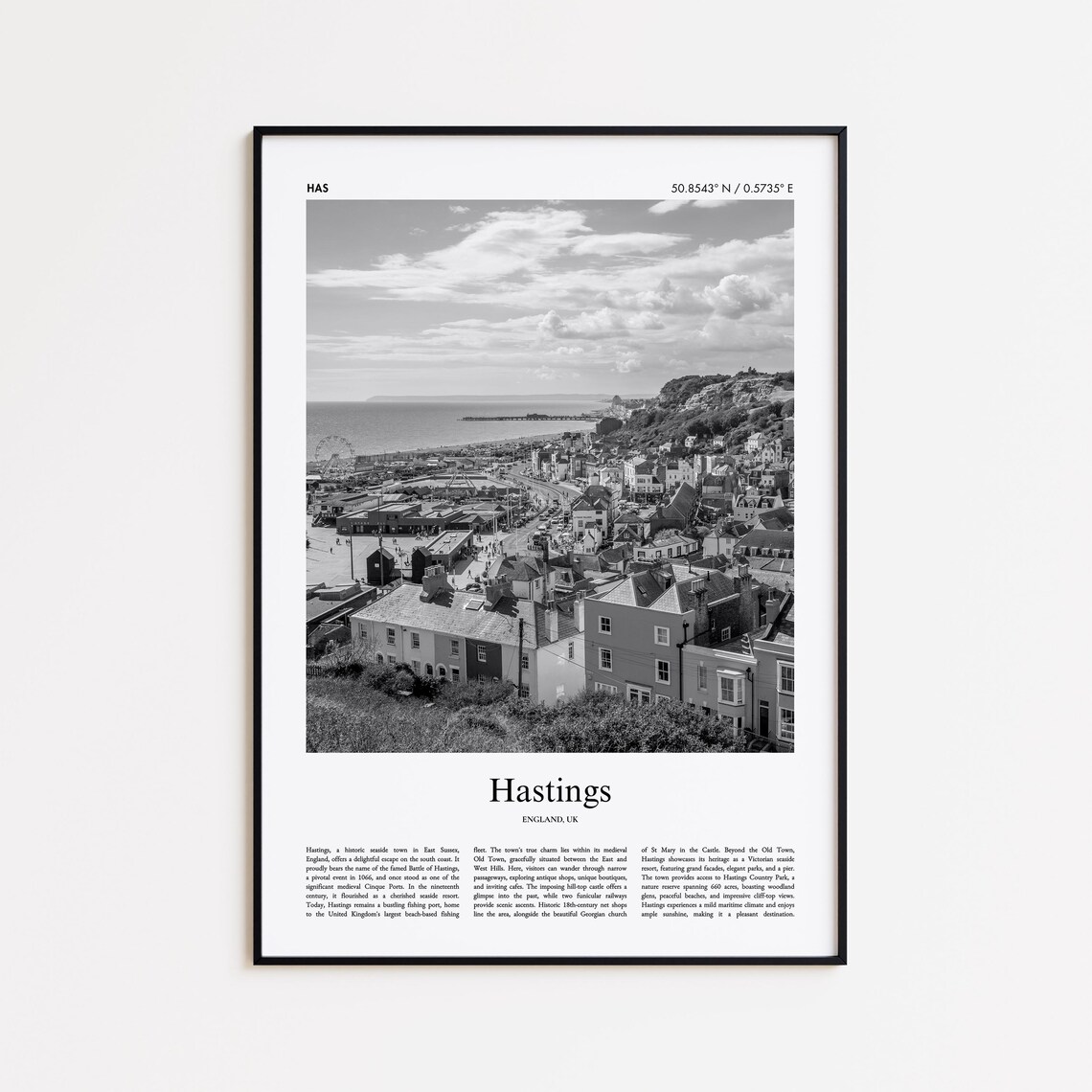 Hastings England Black and White Aerial Town Photo Travel Poster