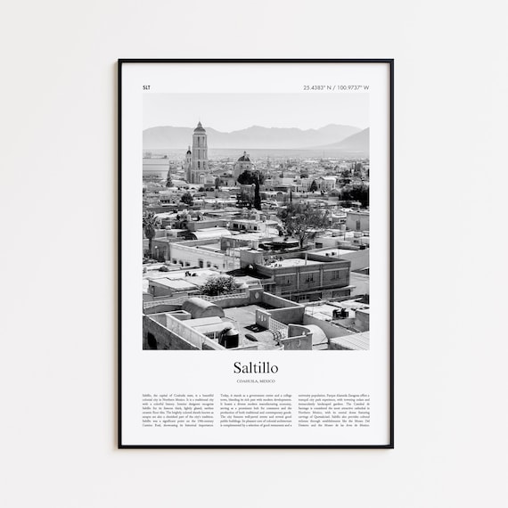 Saltillo Mexico Black and White Colonial Cityscape Travel Poster