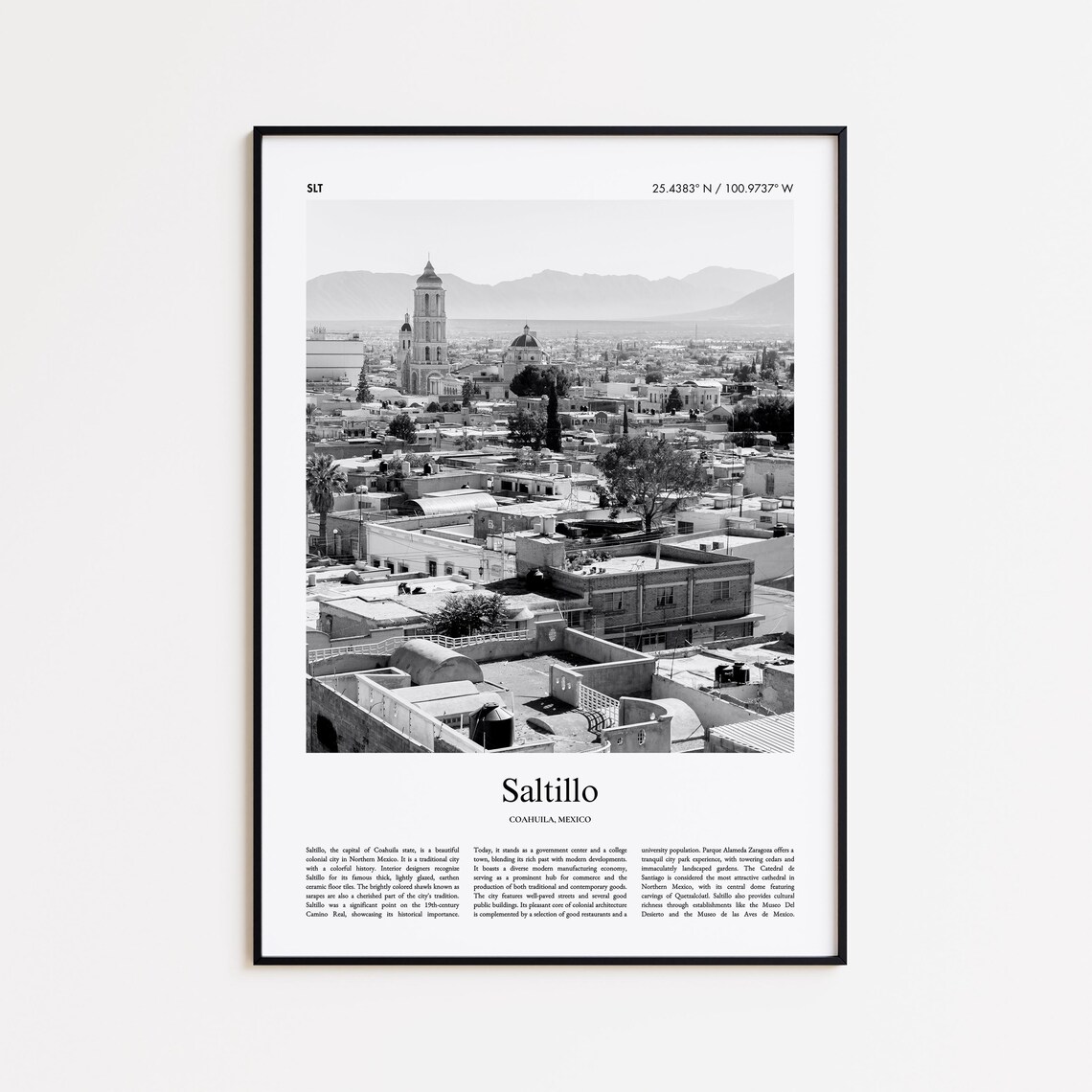 Saltillo Mexico Black and White Colonial Cityscape Travel Poster