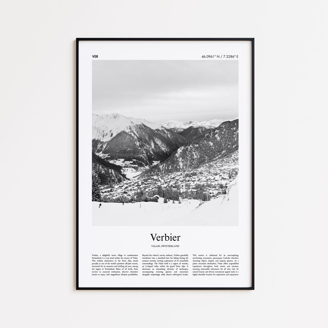 Verbier Switzerland Black and White Alpine Valley Ski Poster