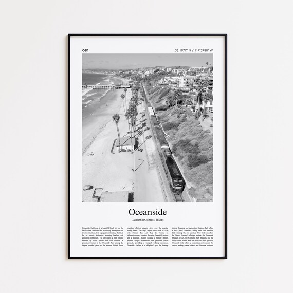 Oceanside California Beach and Train Black and White Travel Poster