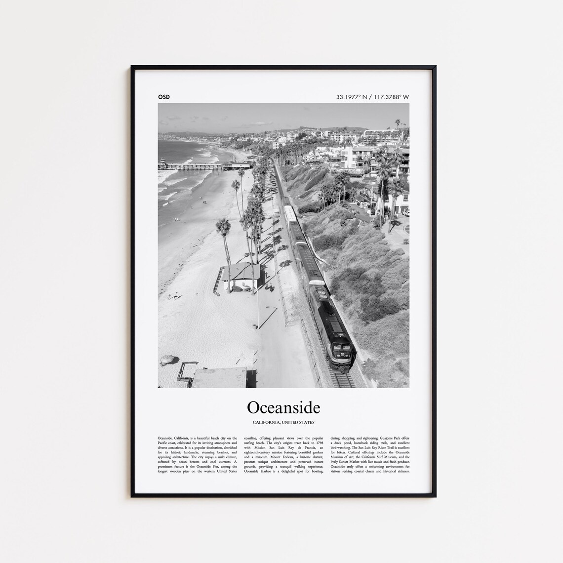 Oceanside California Beach and Train Black and White Travel Poster