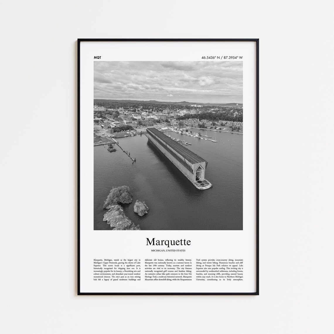 Marquette Michigan Historic Ore Dock Aerial Black White Photo Poster