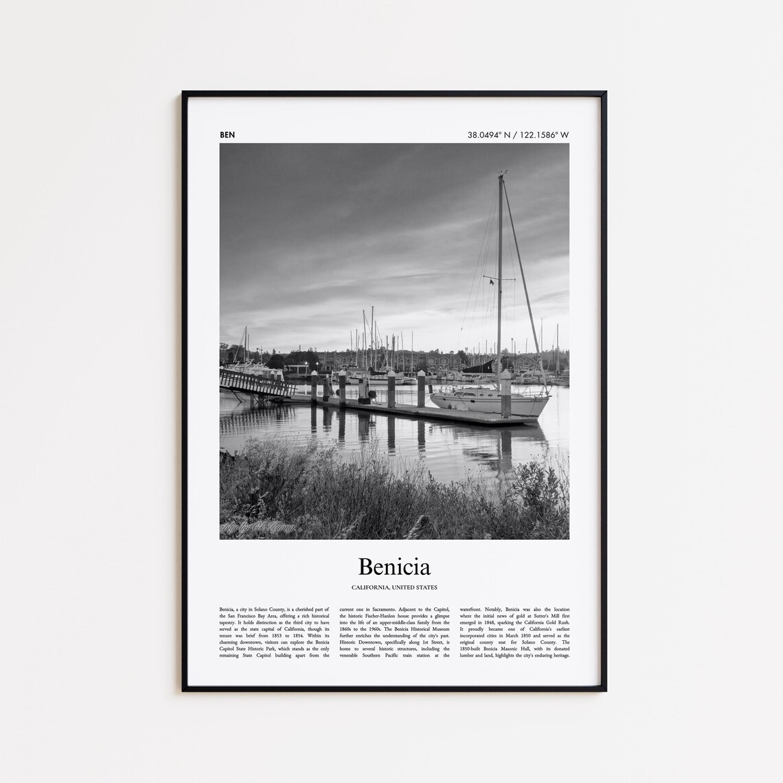 Benicia California Black and White Marina Photo Travel Poster Art