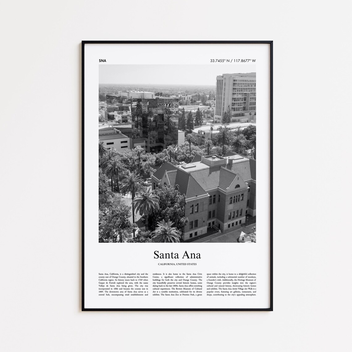 Santa Ana California Historic Downtown Black White Photography Travel Poster