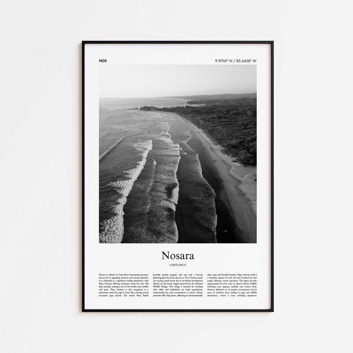 Nosara Black and White Photo Poster with Surf Beach of Costa Rica