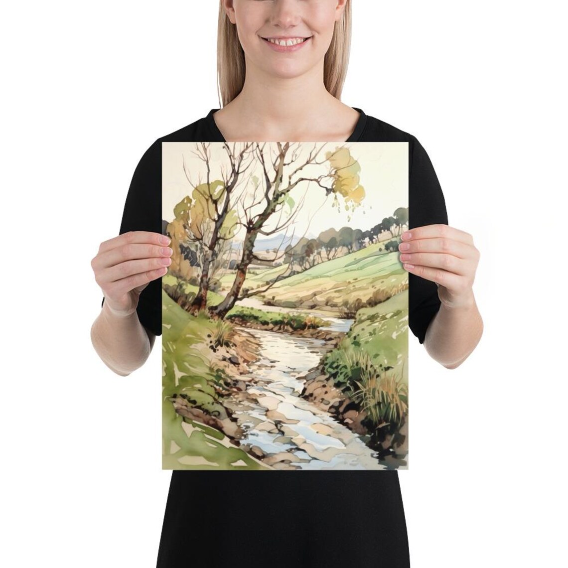 Country Creek Winding Through Green Hills Watercolor Landscape Poster - Image 5