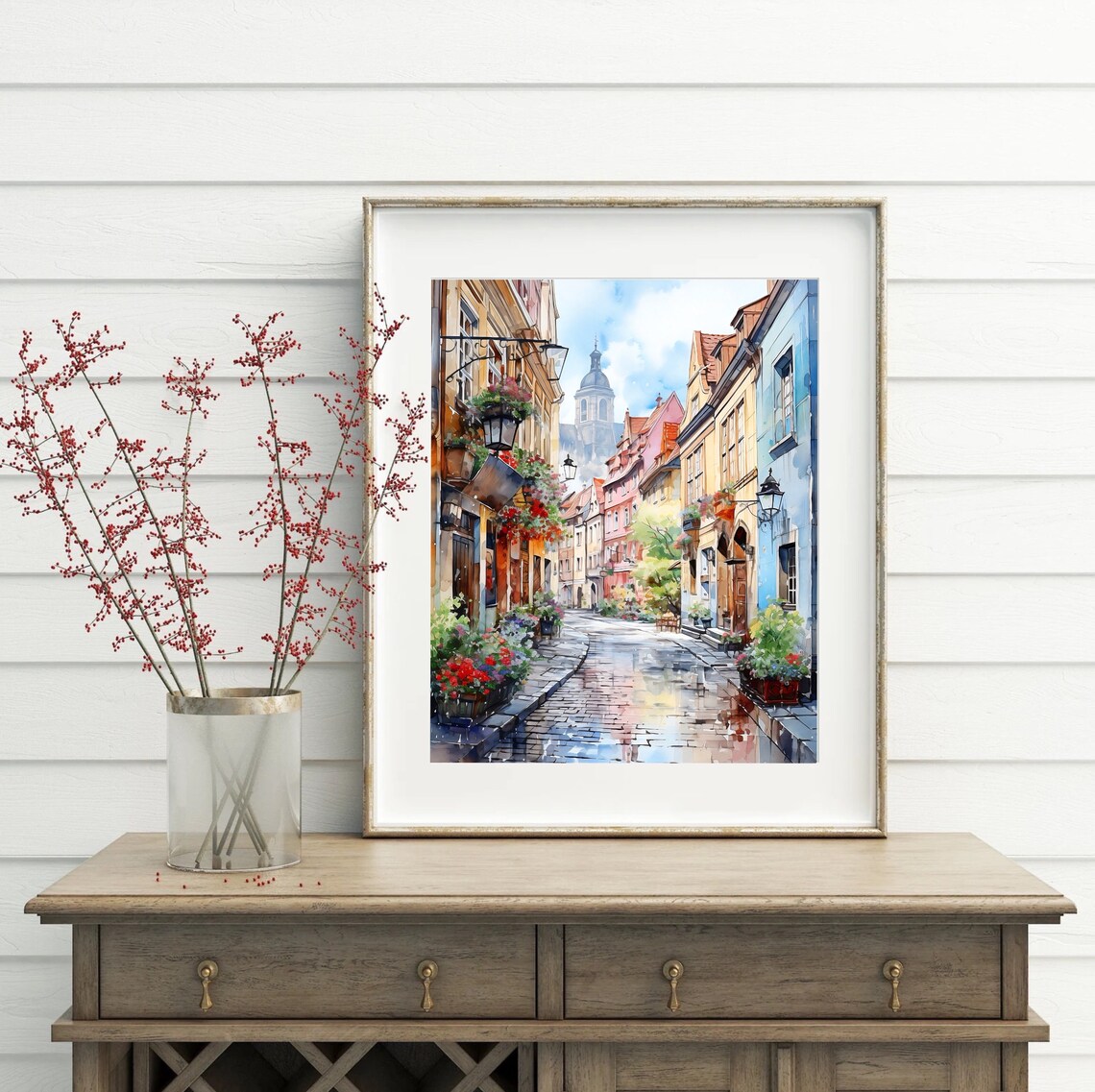 European Old Town Cobblestone Street Colorful Houses Watercolor Poster - Image 3