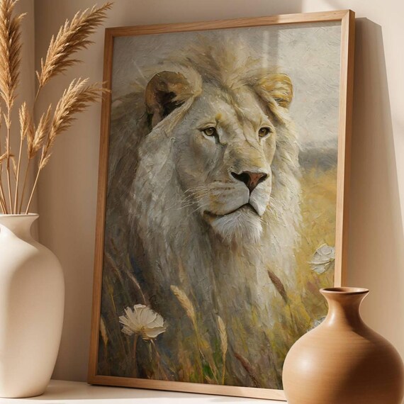 White Lion In Golden Wheat Field Textured Wildlife Oil Painting Poster