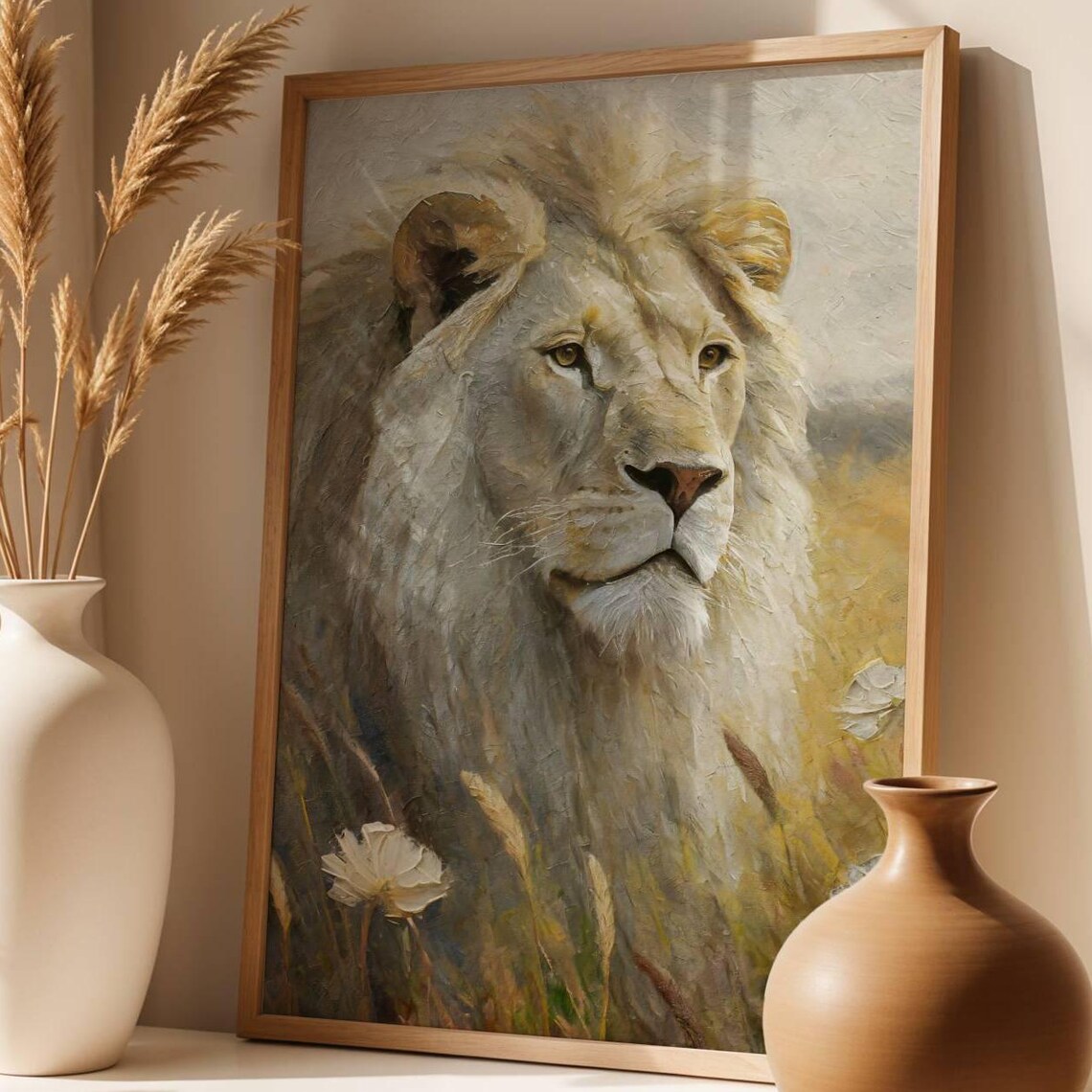 White Lion In Golden Wheat Field Textured Wildlife Oil Painting Poster