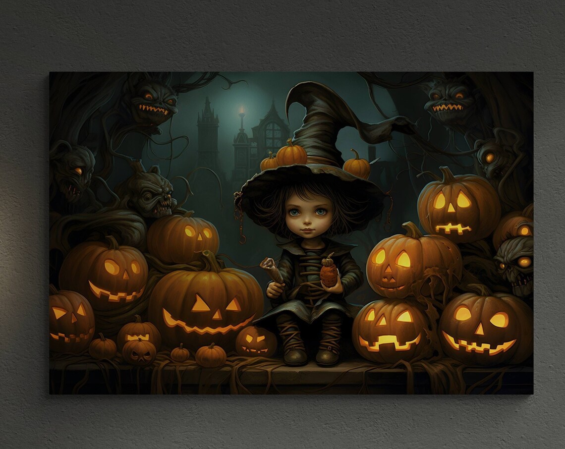 Halloween Witch Girl Jack-o'-Lanterns Spooky Night Scene Art Poster - Image 3