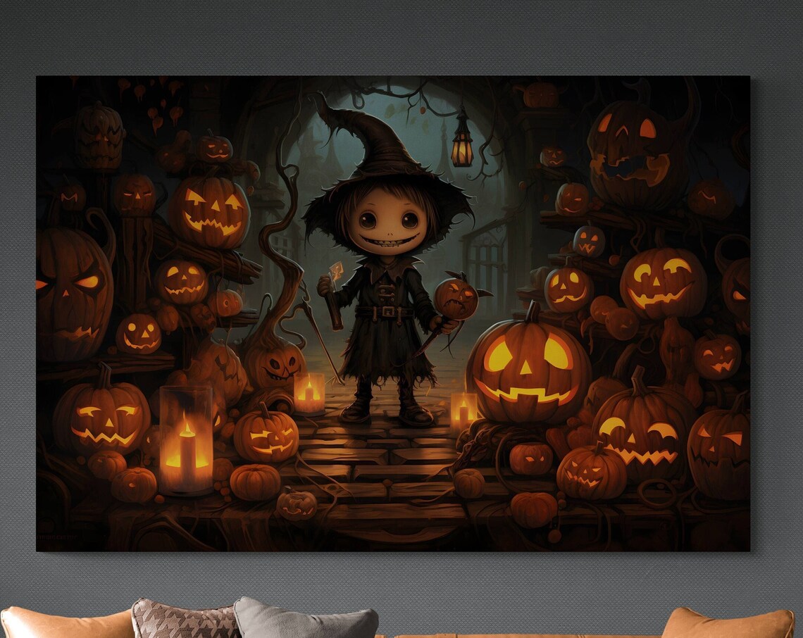 Cute Halloween Girl With Glowing Pumpkins Spooky Night Scene Wall Art - Image 3