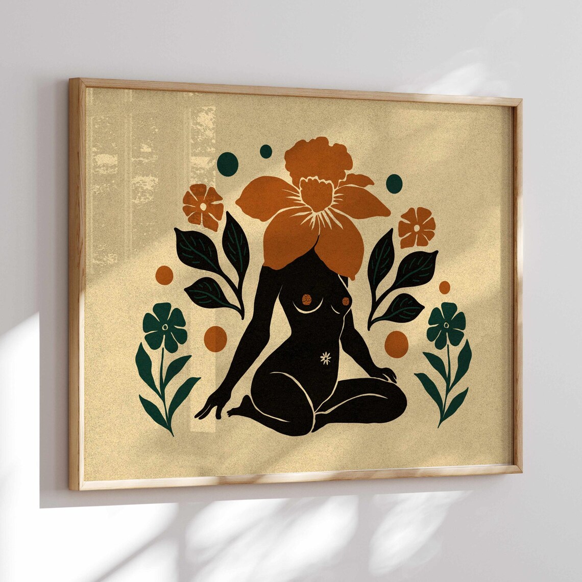 Flower Head Woman Silhouette Poster Meditating Figure Burnt Orange Art