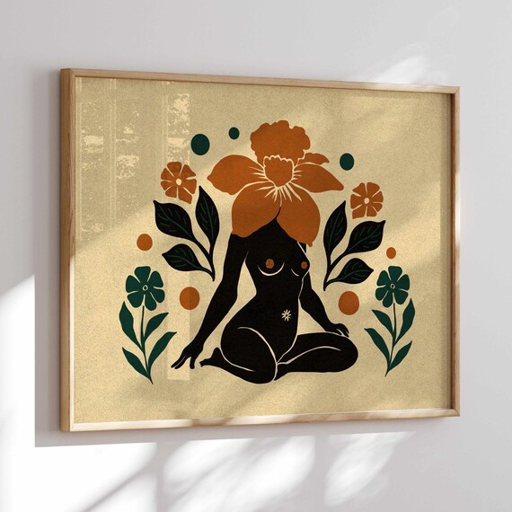 Flower Head Woman Silhouette Poster Meditating Figure Burnt Orange Art