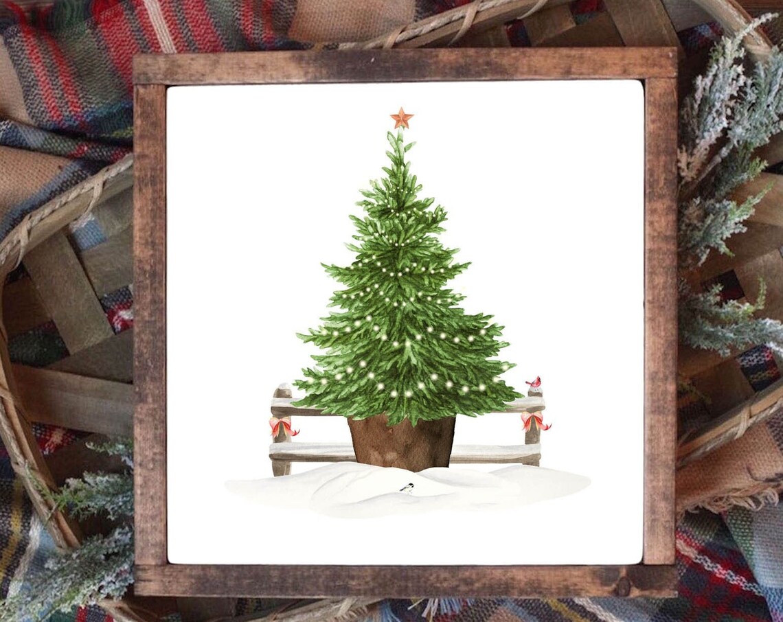 Potted Christmas Tree Snowy Fence Minimalist Holiday Watercolor Poster