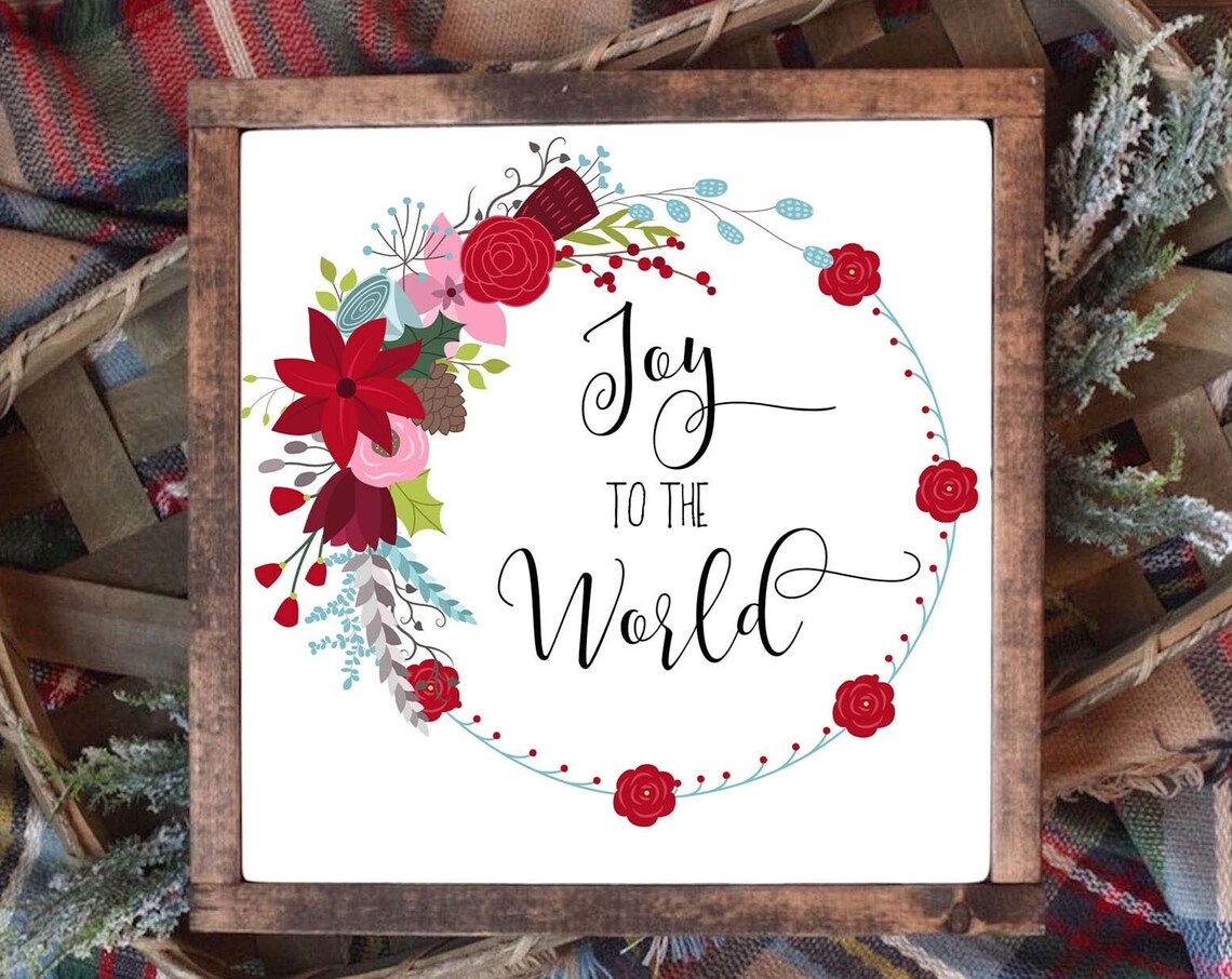 Joy to the World Red Poinsettia Floral Wreath Christmas Poster - Image 3