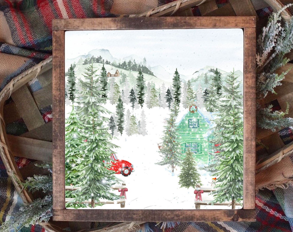 Winter Woodland Square 4x4 Up To 20x20 Home For Christmas Wall Art Holiday Decor Watercolor Country Sign Diy Seasonal Decor