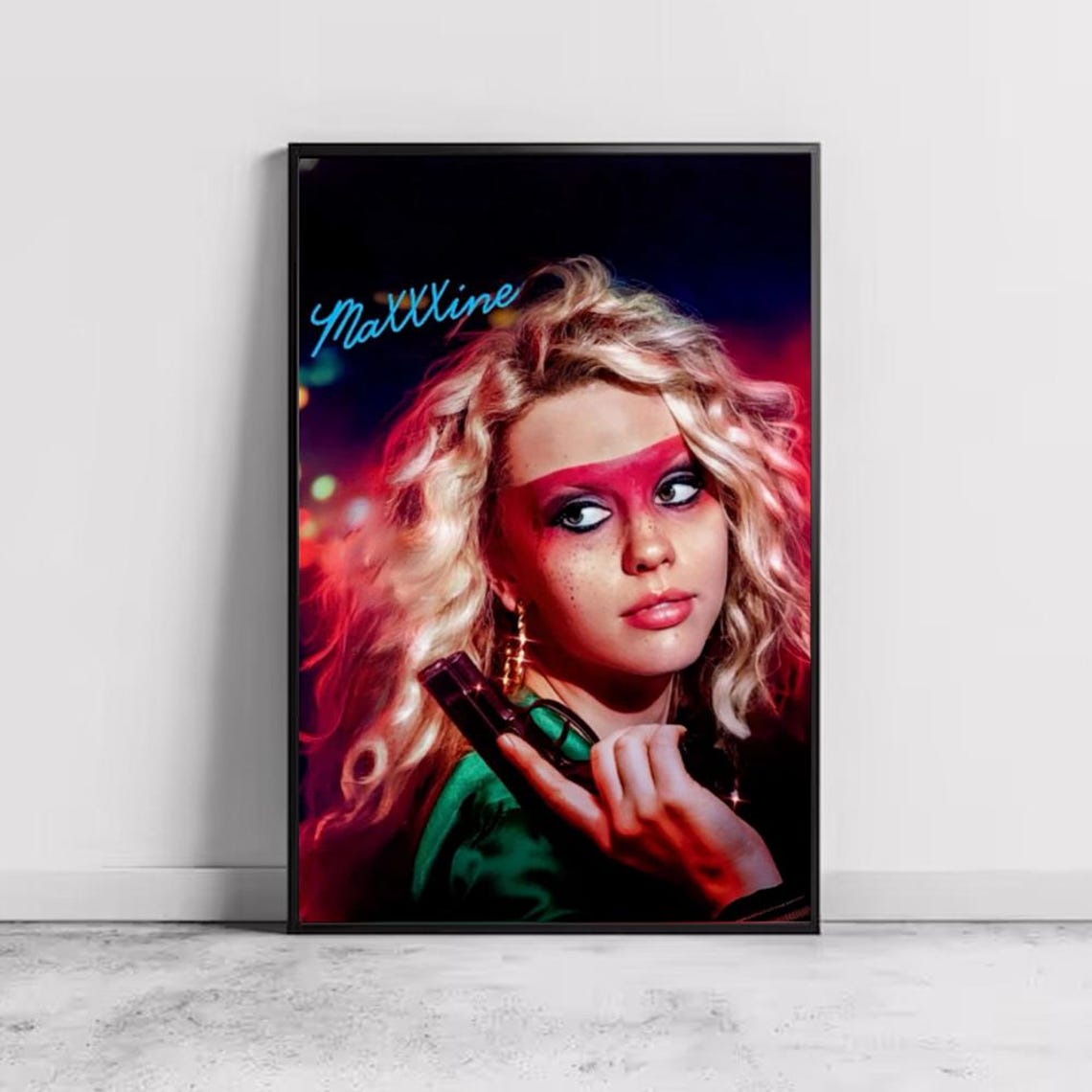 MaXXXine Horror Movie Mia Goth Neon Maxine Red Mask Gun Poster